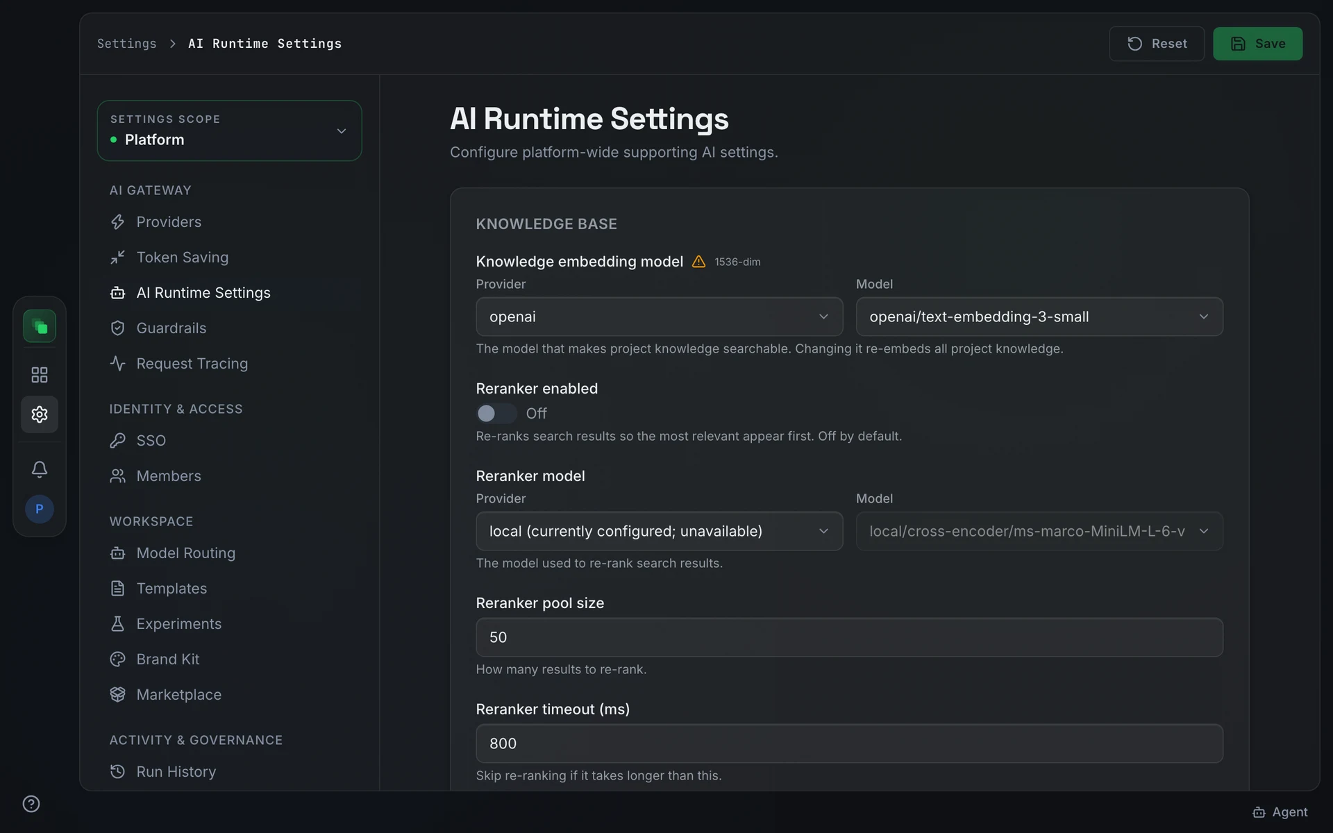 AI Runtime Settings with four knob sections: Knowledge Base, Generation and Q&A, Vision, and Experiments, each showing a Provider selector and a Model selector