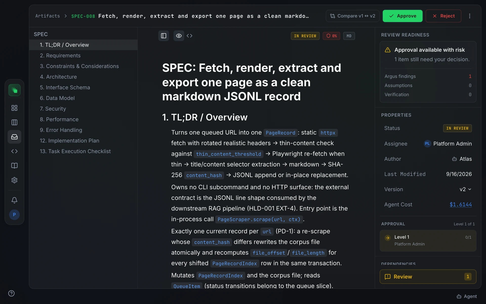 An artifact in review: the document on the left, Review readiness and approval panels in the right-hand sidebar, and Approve and Reject buttons in the header bar
