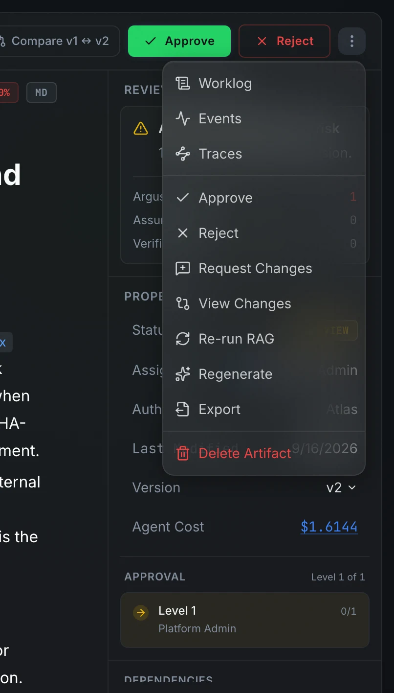 The overflow menu on an artifact in review: Worklog, Events, Traces, Resubmit for Review, Approve, Reject, Request Changes, View changes