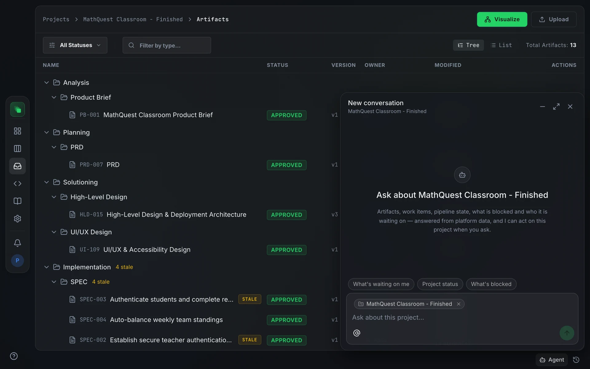 The Atlas panel open over the Artifacts page, showing a conversation title, project scope chip, and quick-prompt buttons above the composer