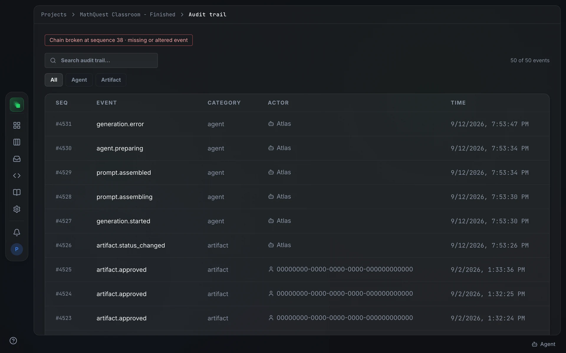 The audit trail: a search input, category filter pills, a green chain badge, and a table of events with actor icons, event types, categories, and timestamps