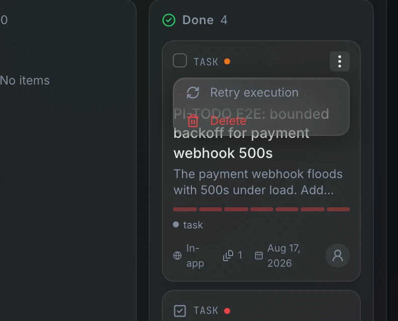 The overflow menu on a work item card: Move to, Retry execution, and Delete
