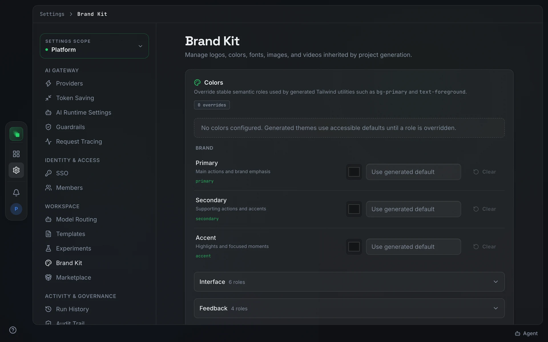 The Brand Kit tab with Colors, Typography, Upload brand assets, and Brand assets sections