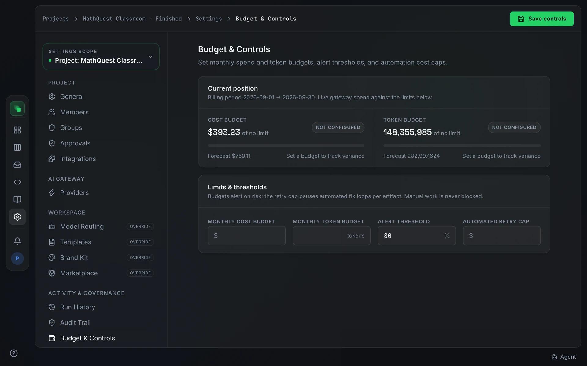 The Budget and Controls tab: monthly spend budget, token budget, alert threshold fields, and an automation cost cap toggle