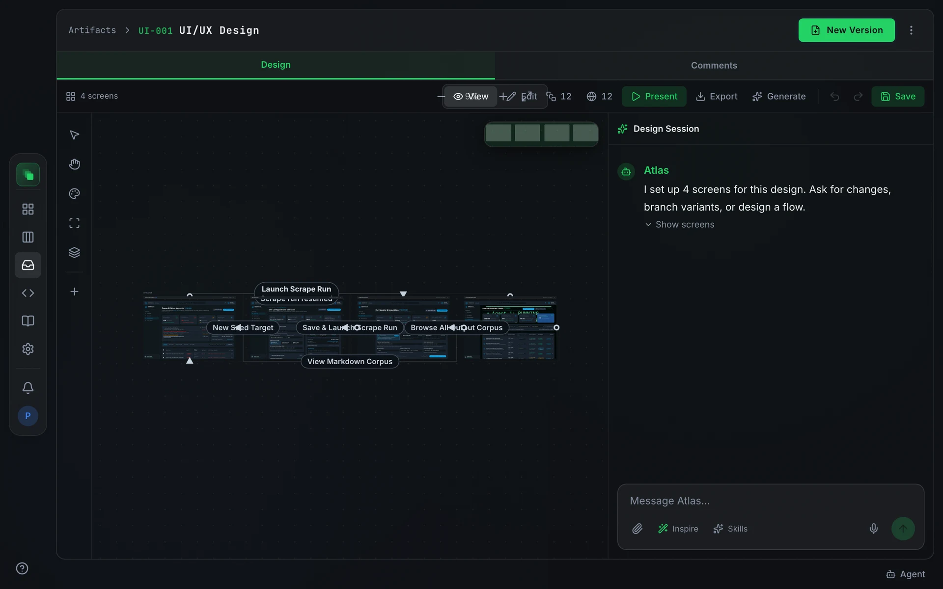 The design canvas top bar showing screen count, View/Edit toggle, zoom controls, and the left rail with Select, Pan, Design system, Auto layout, and Brand assets tools