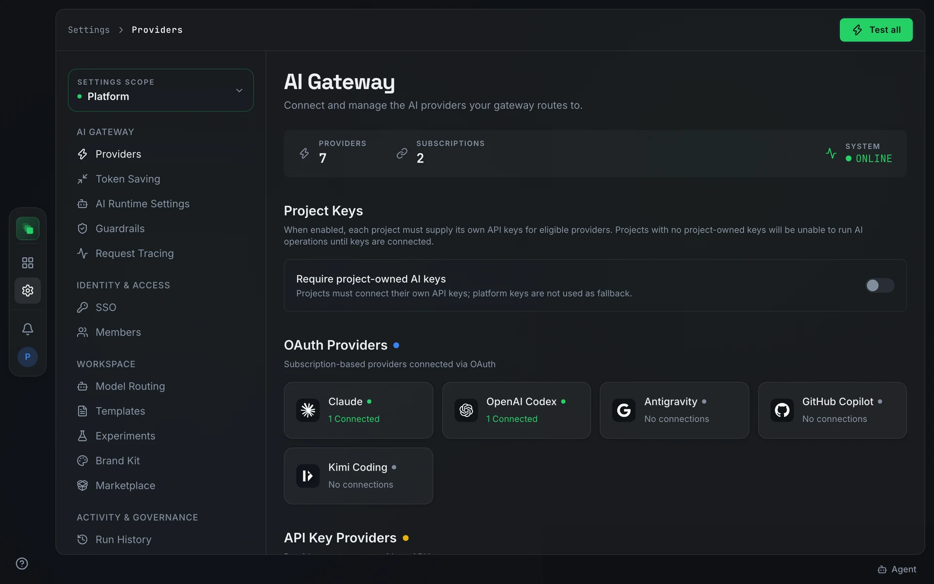 The AI Gateway Providers screen: subscription providers connected with OAuth above, API-key providers below, Test all in the header