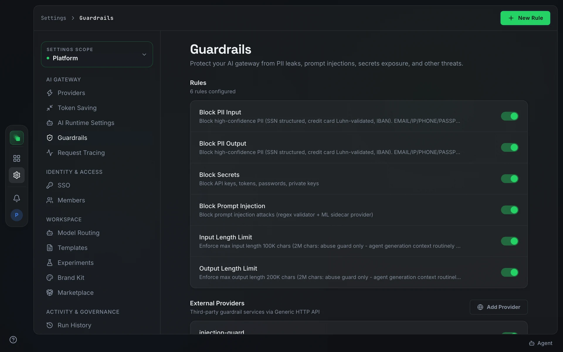 Guardrails page with a Rules section listing configured rules and a New Rule button, and an External Providers section below with an Add Provider button