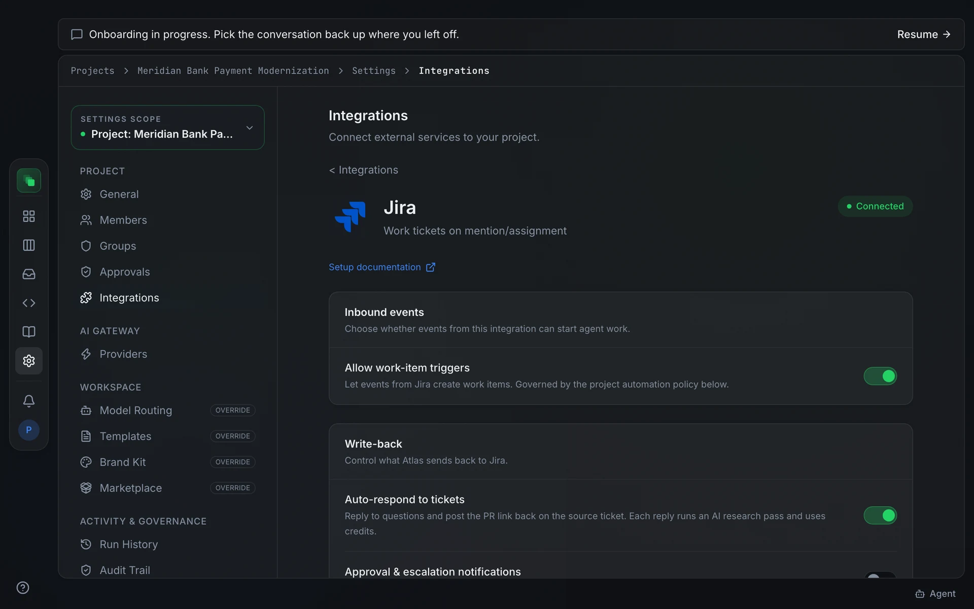 The GitLab integration detail page showing Connected status, the Inbound events card with Allow work-item triggers toggle, and the Link repository button