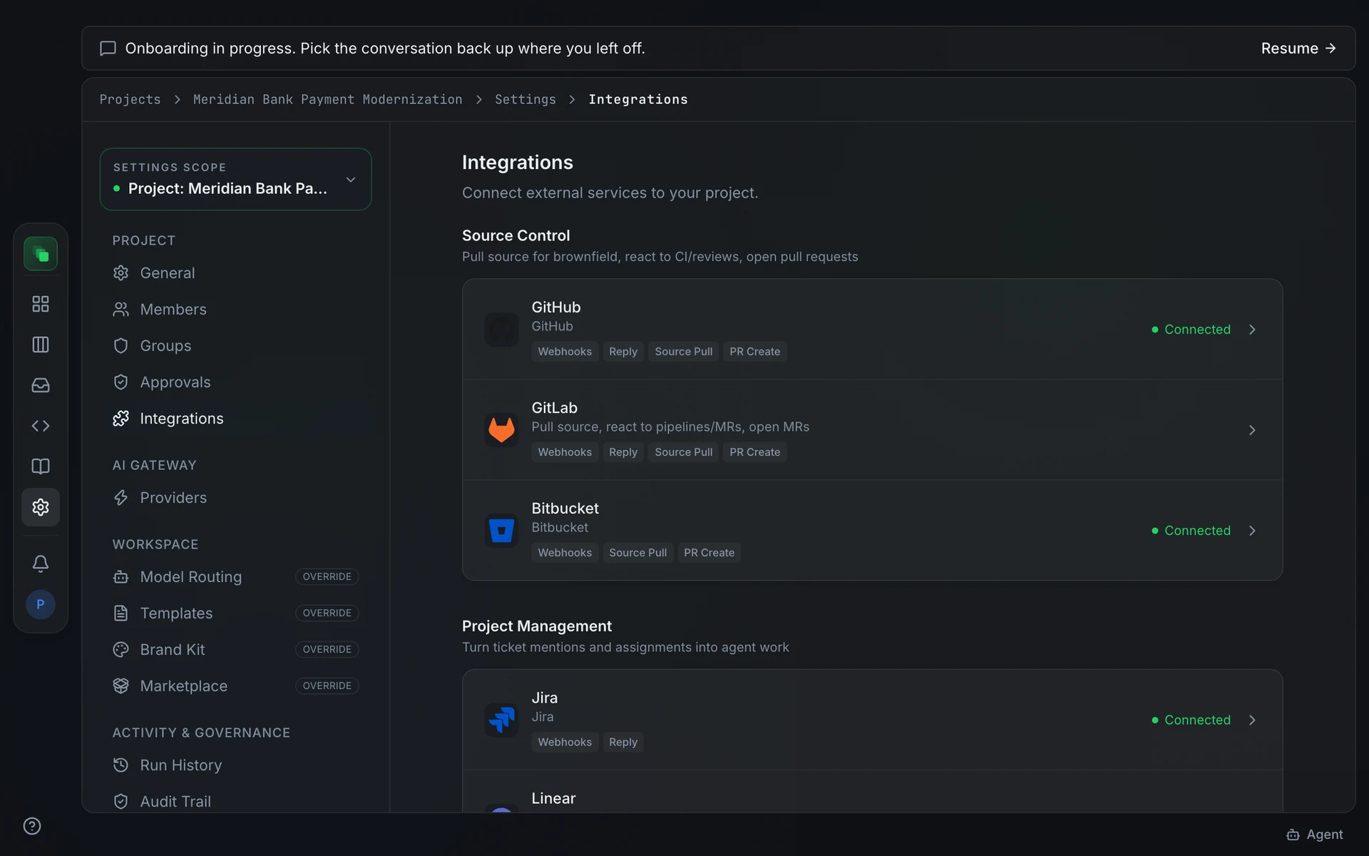 The Integrations settings page: provider cards grouped by category, each showing a name, capability chips, and a Connected badge or lock icon