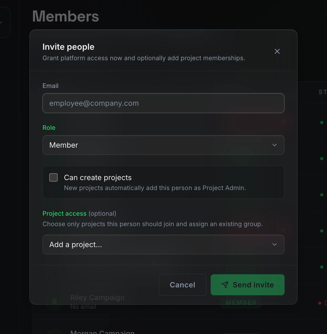 The Invite people dialog: Email, Role, the Can create projects checkbox and optional project access