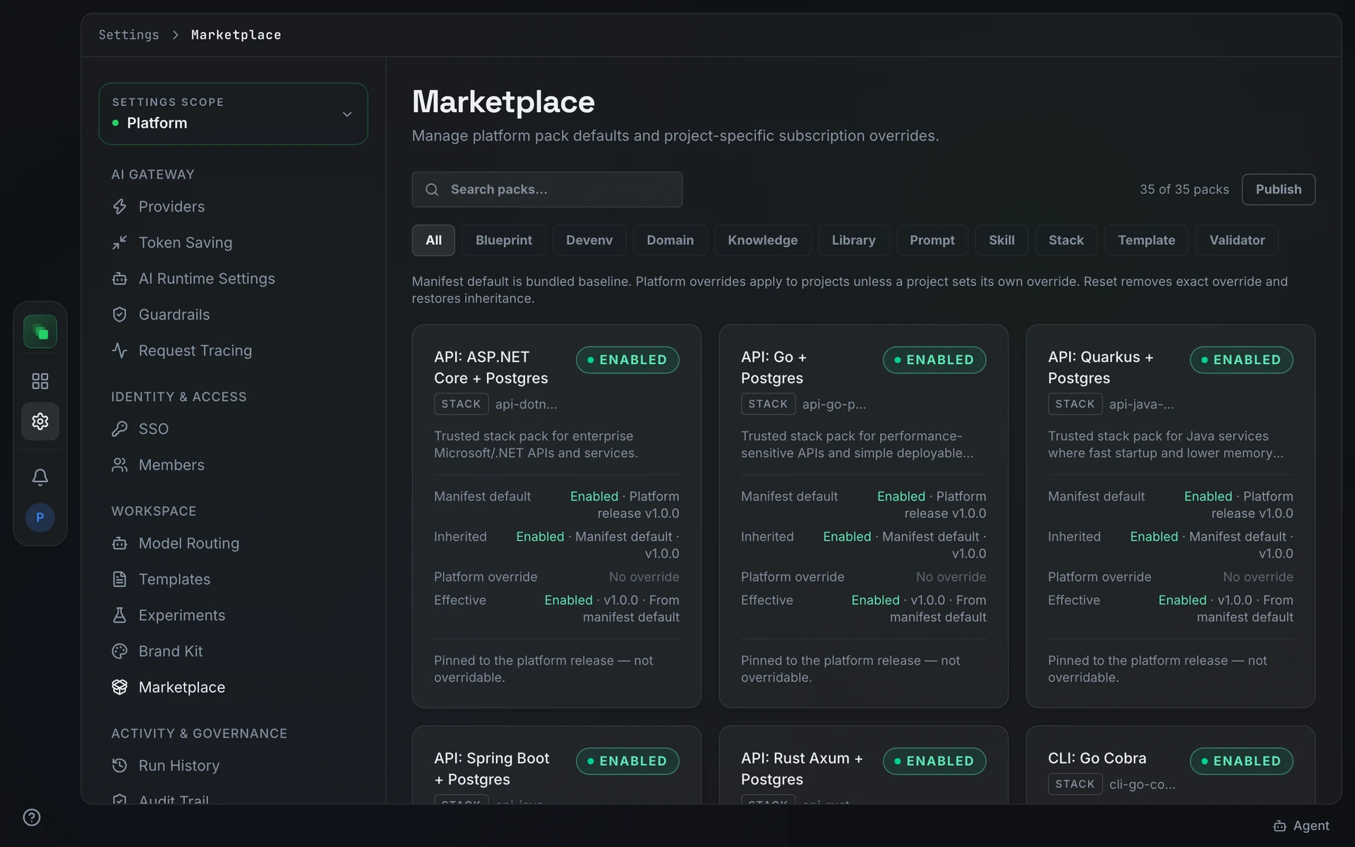 The Marketplace tab with kind filter pills at top, pack cards showing Manifest default, Platform override, and Effective rows, and Enable override and Reset buttons on each card