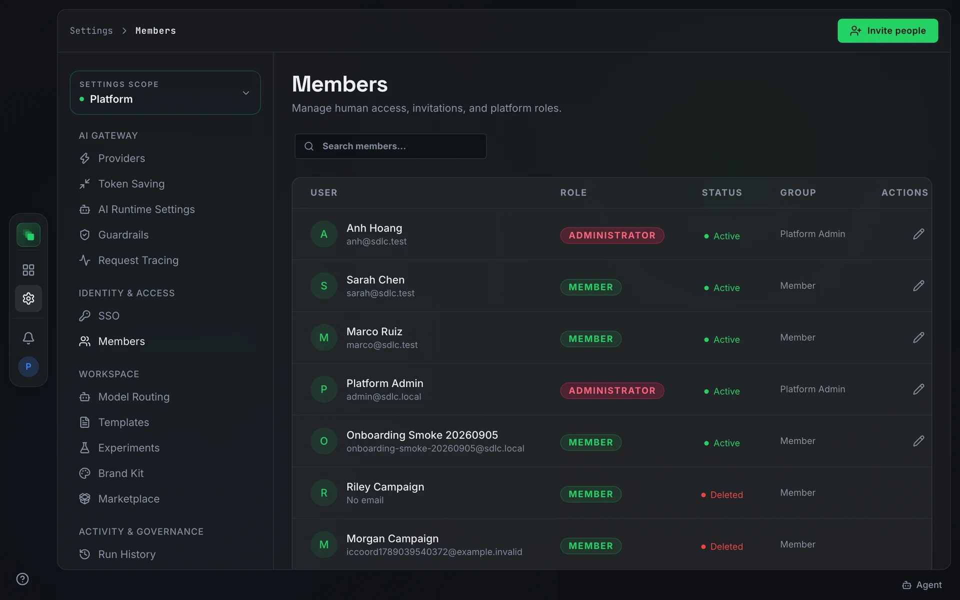 The Members tab showing columns User, Role, Status, Group, and Actions; the Search members input; and the Invite people button in the top right
