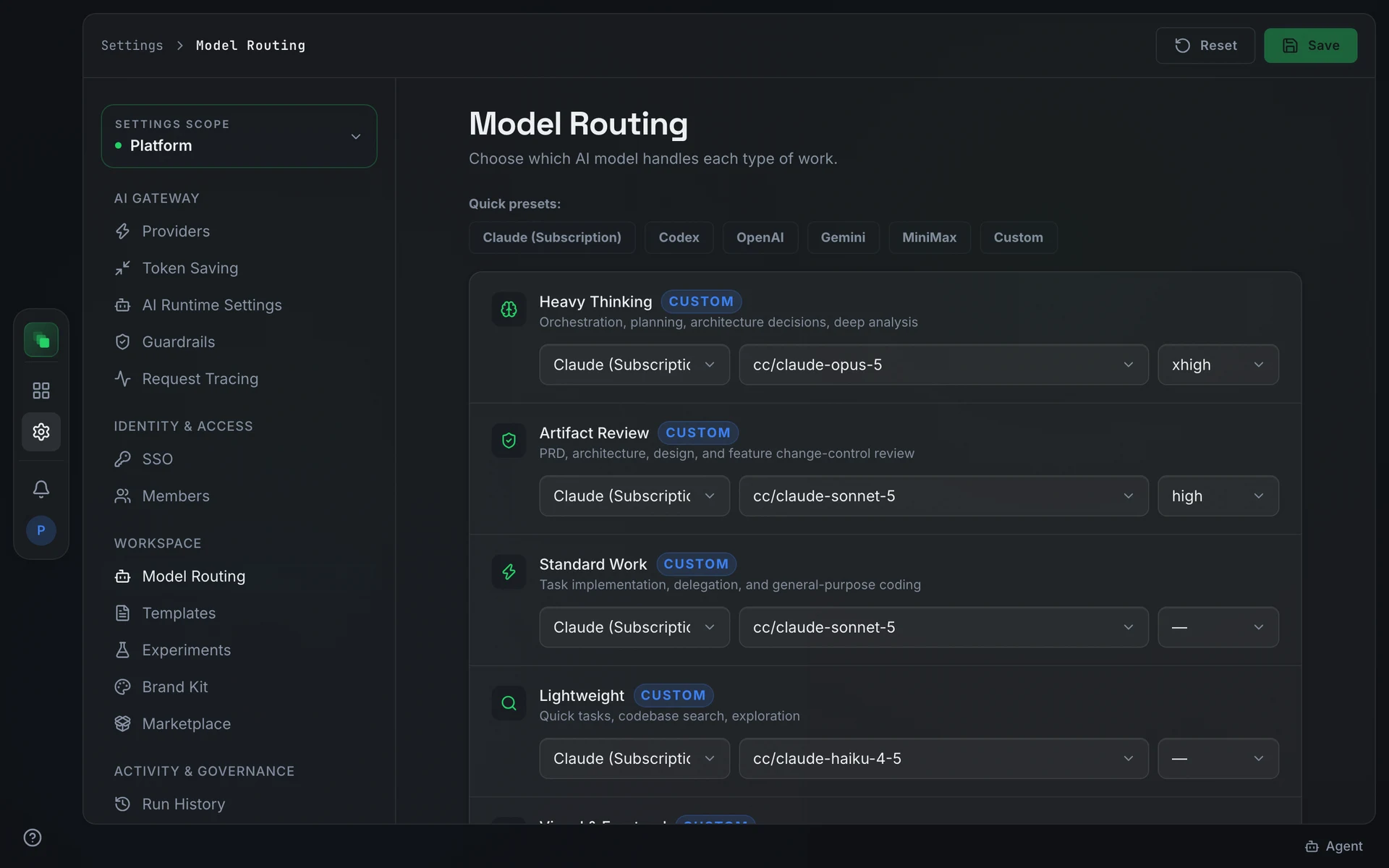Model Routing: one row per work type with its provider, model and variant
