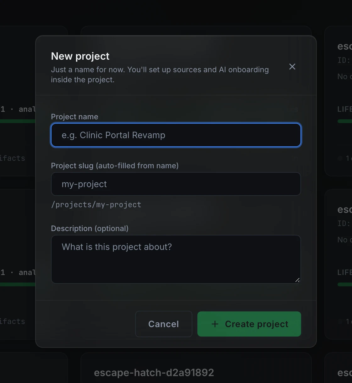 The New project dialog: a Project name field, an auto-filled Project slug field with a URL preview below it, an optional Description field, and a Create project button