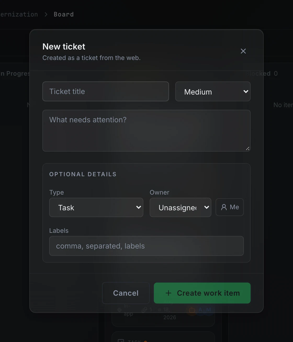 The New ticket dialog: a title field and priority selector at the top, a description textarea below, and an Optional details section with Type, Owner, and Labels