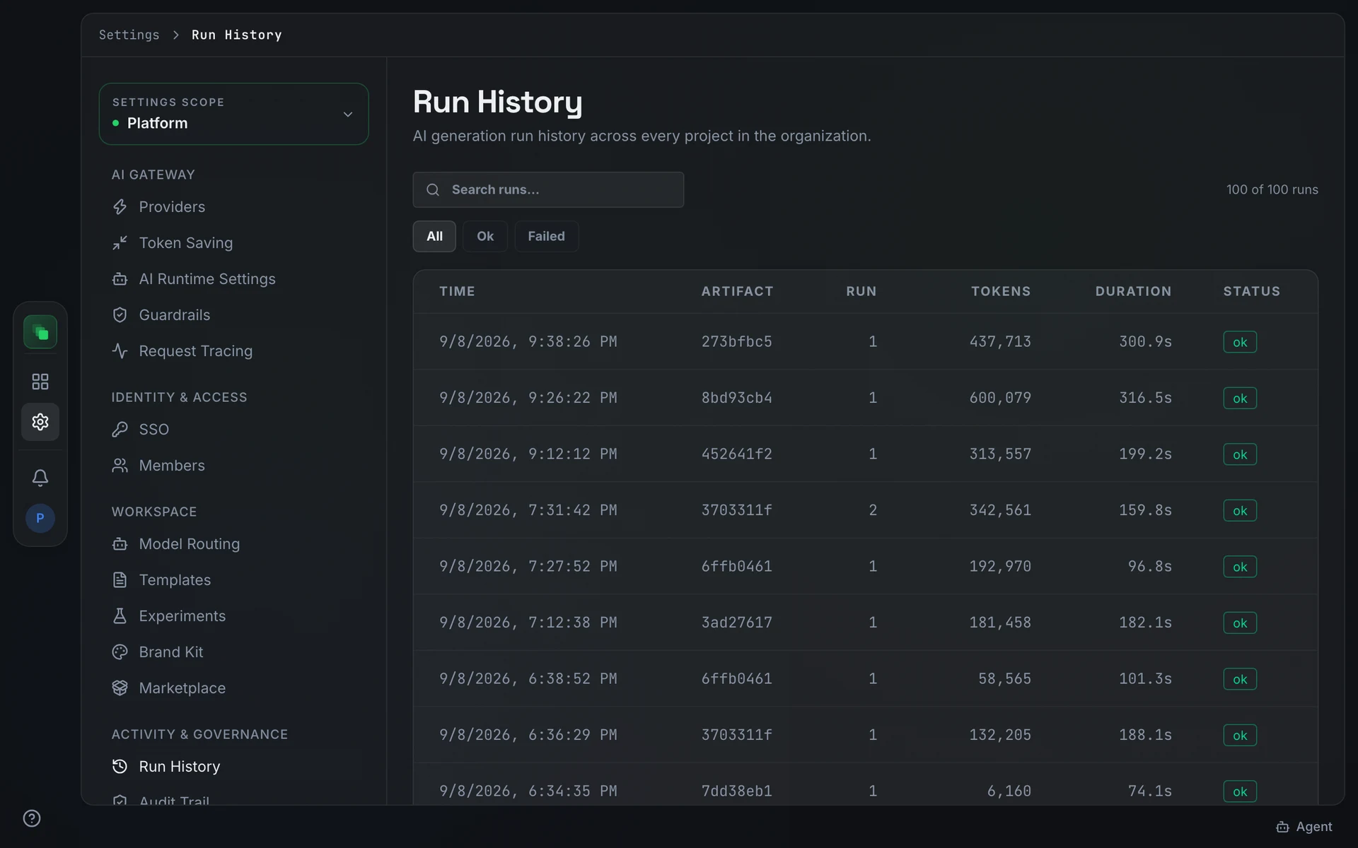 Org Run History with status filter pills for all, ok, and failed; a Search runs input; and the table showing Time, Artifact, Run, Tokens, Duration, and Status