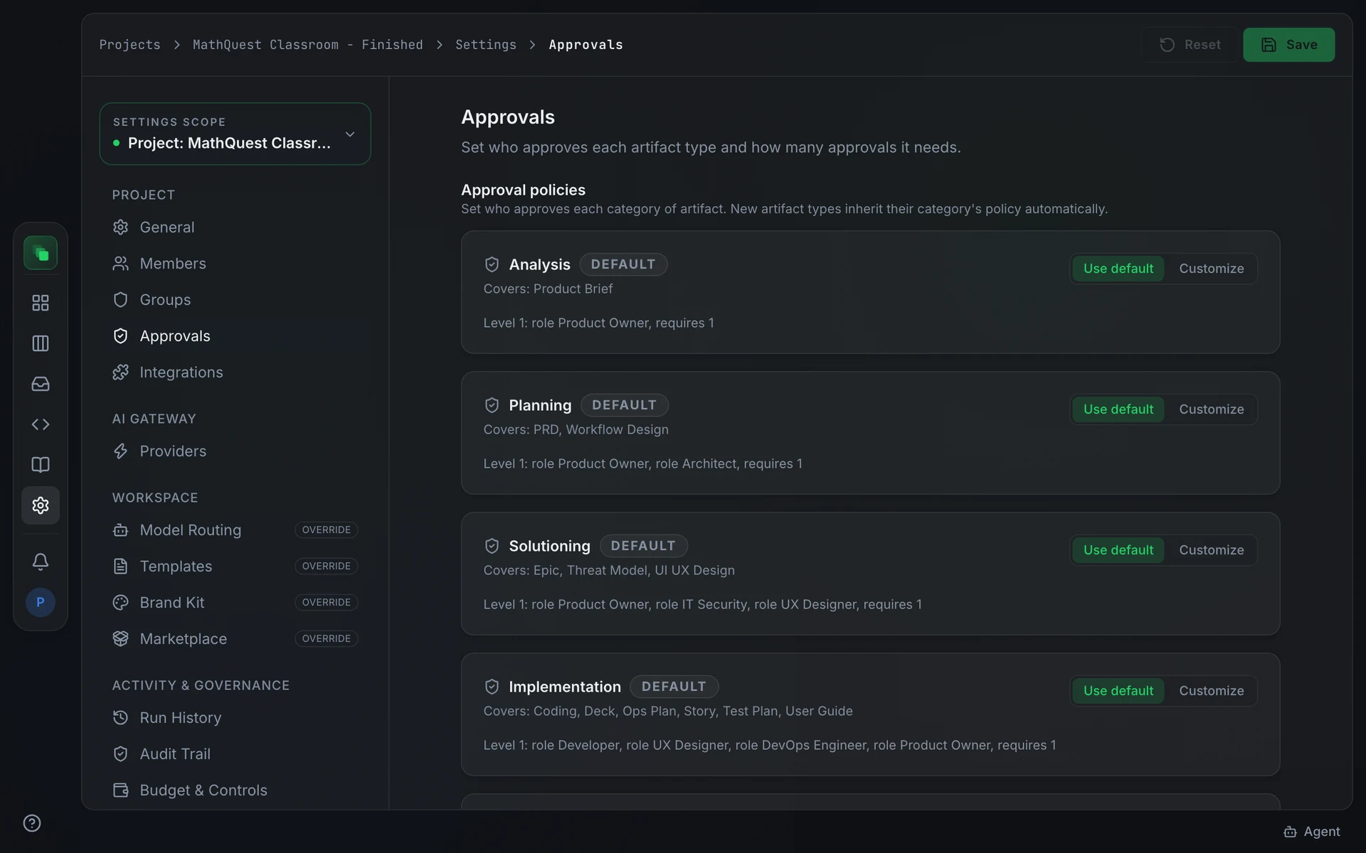 The Approvals tab: a list of artifact types each with a configurable approver group and required approval count