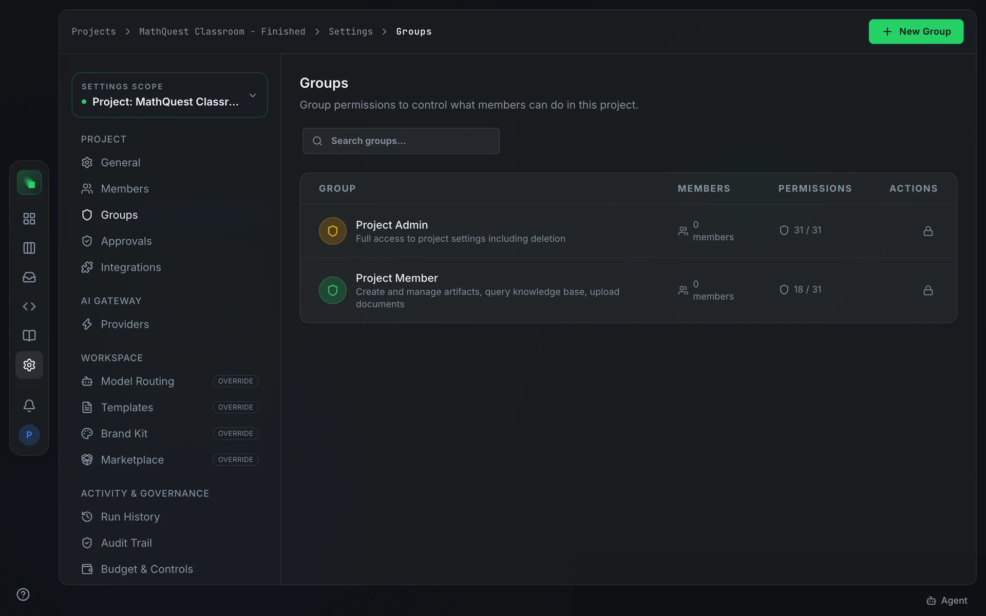 The Groups tab: a list of permission groups with member counts and a button to manage each group's members