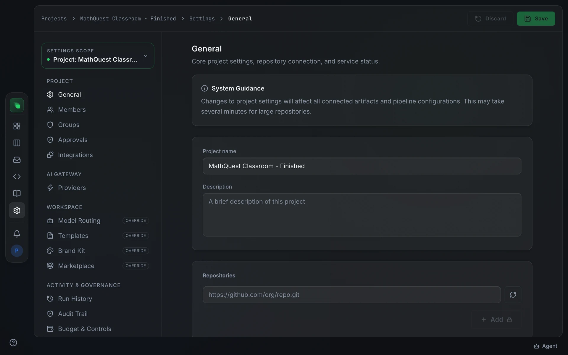 Project Settings open on General, showing Core project settings, repository connection, and service status