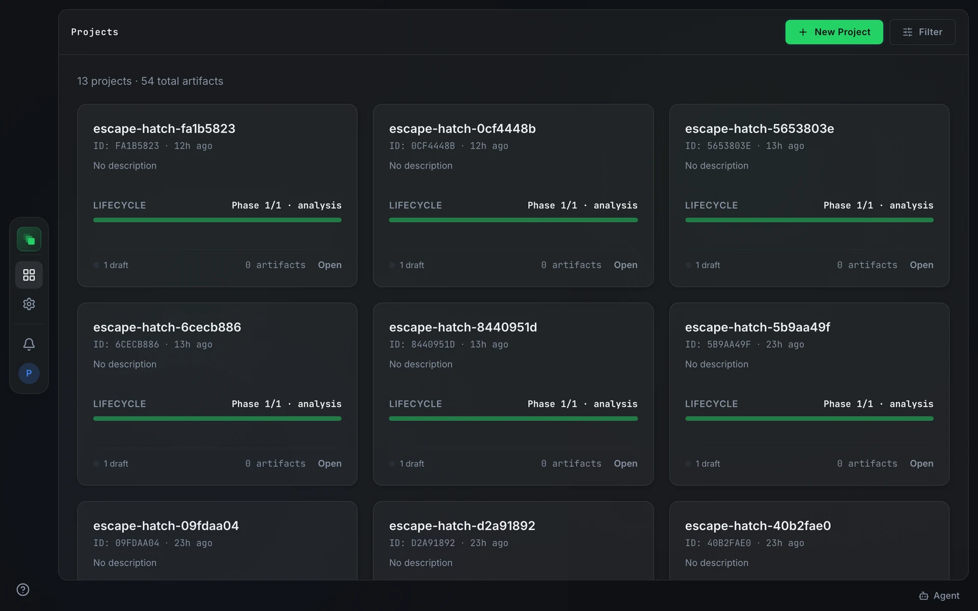 The Projects page: a grid of project cards, each showing the project name, current phase, artifact count, and a New Project button in the top right