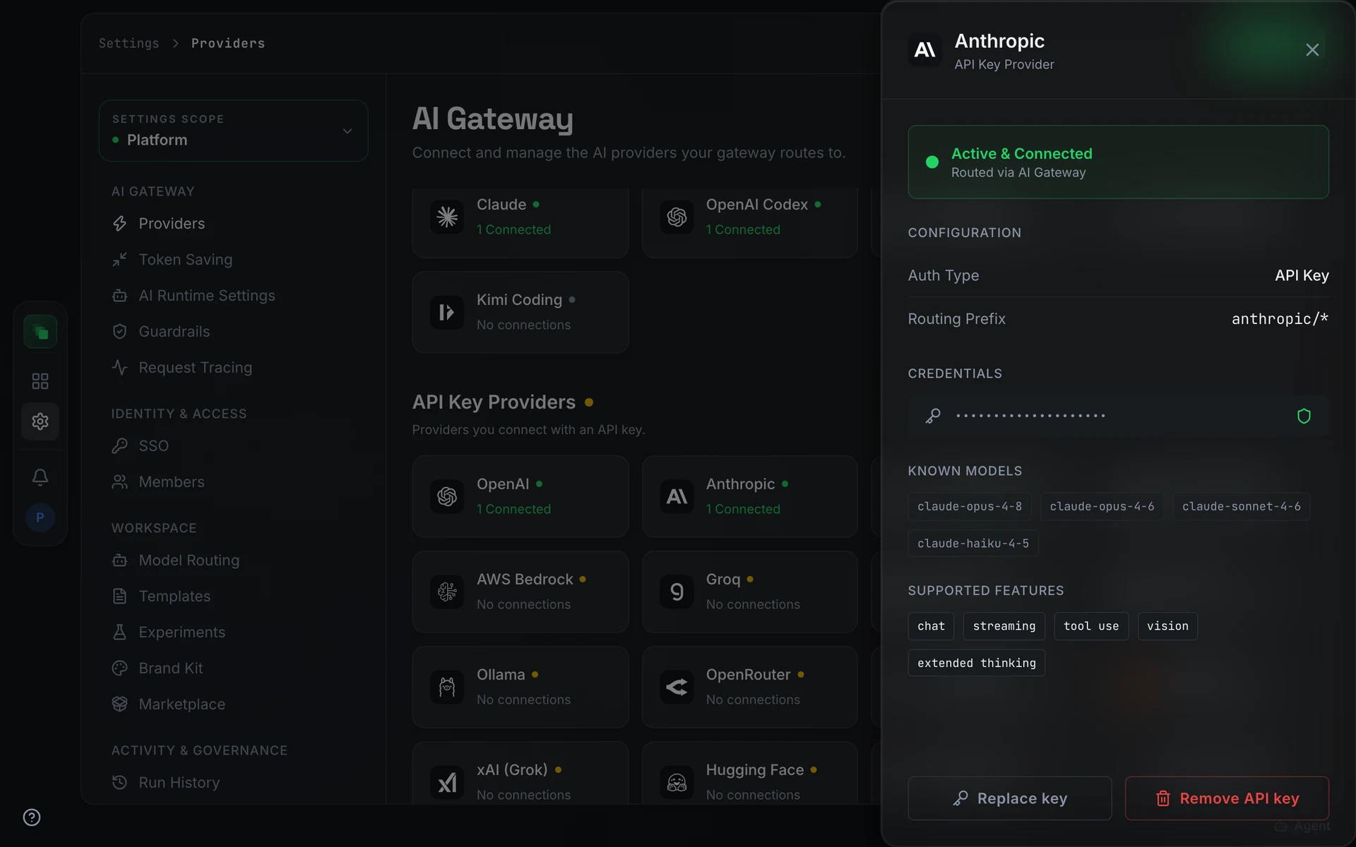 The Anthropic provider sheet with the API key field, Auth Type, Routing Prefix and the list of known models