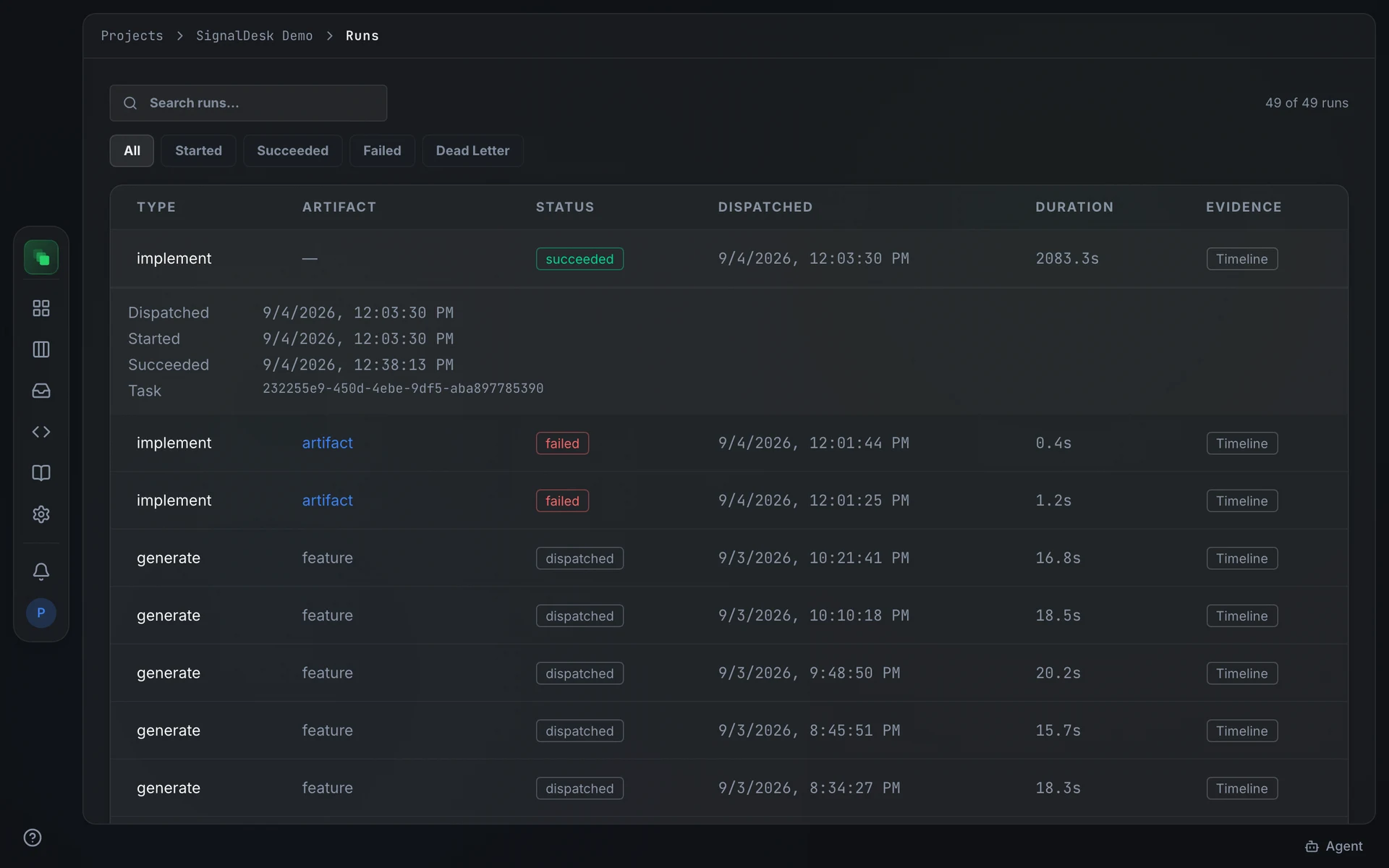 The Runs list: filter pills All, Started, Succeeded, Failed and Dead letter across the top, a table of runs with Type, Artifact, Status, Dispatched, Duration and Evidence columns, and one row expanded to show its timeline