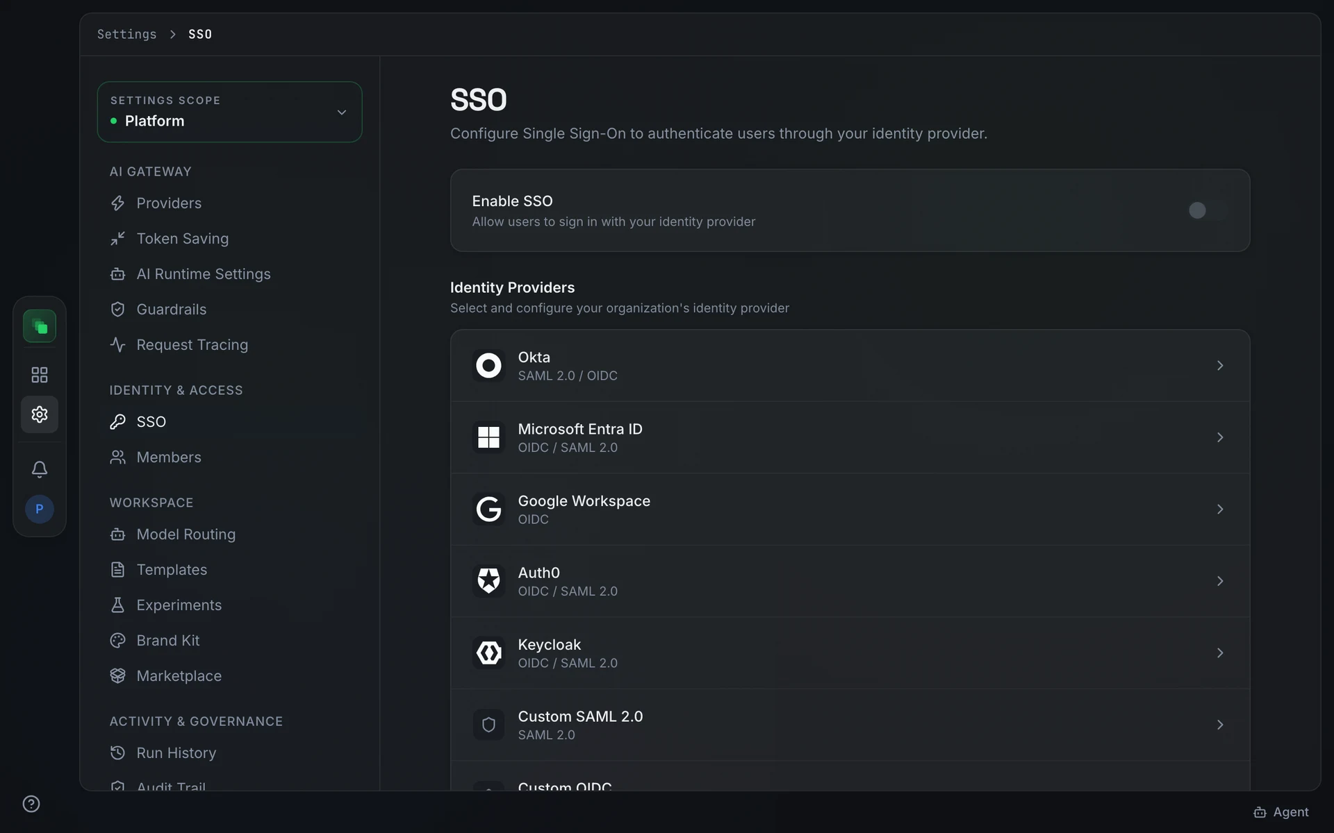 The SSO page with the Enable SSO toggle disabled, the Identity Providers section listing seven provider options, and the Social Login section below