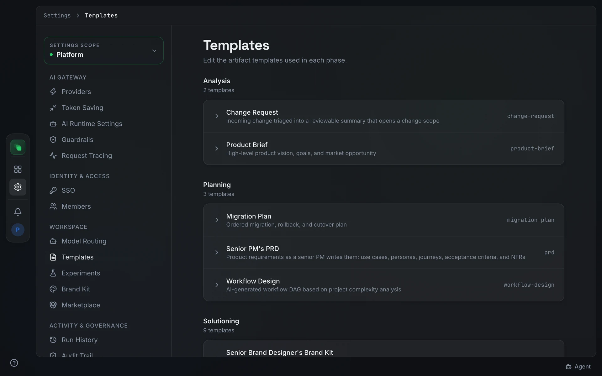 The Templates tab showing phase groups Analysis, Planning, Solutioning, and Implementation, each with a list of templates that expand to show a monospace editor and Save Override button
