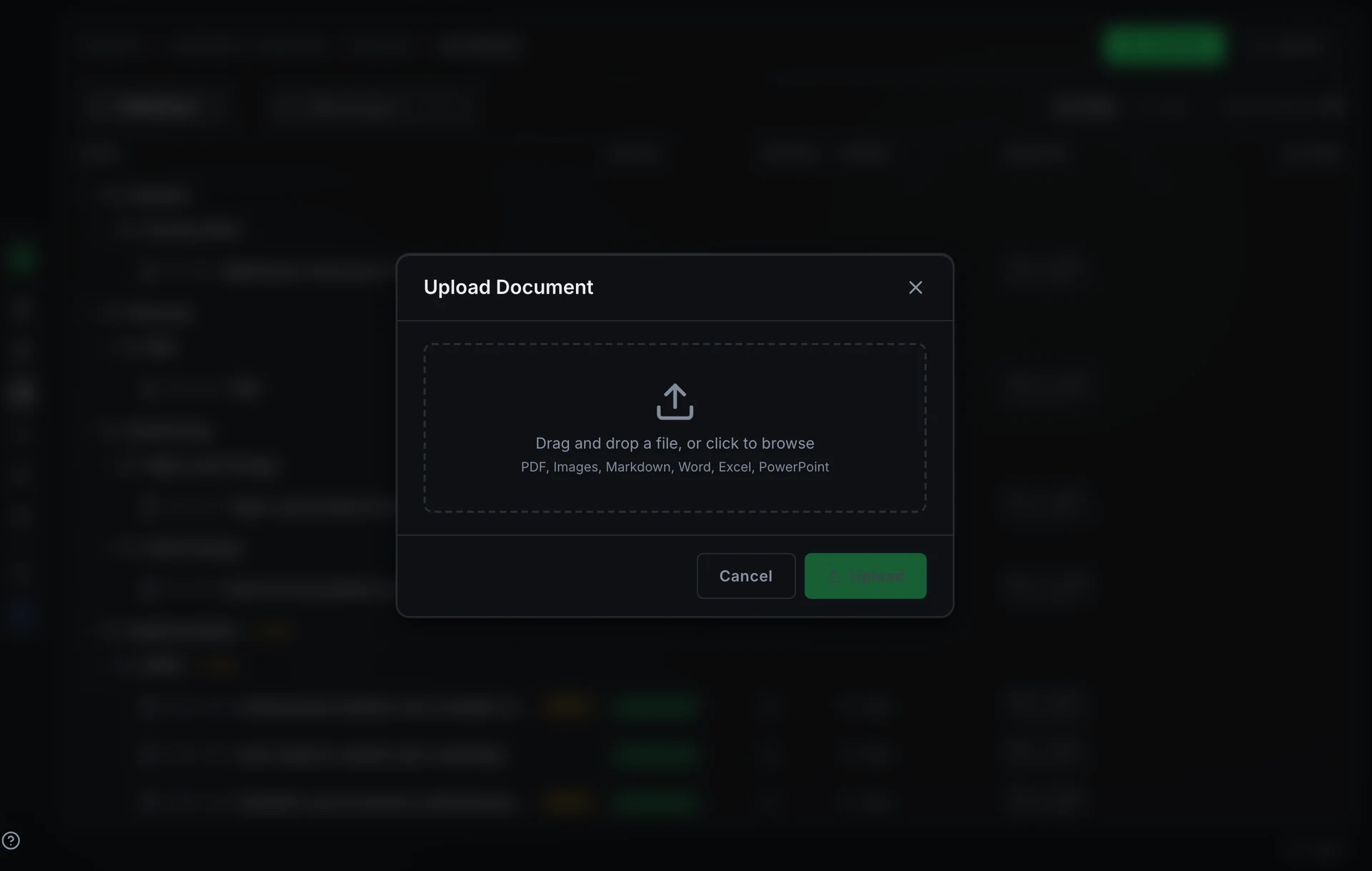 The Upload Document modal: a drag-and-drop zone, an optional title field, and the Upload button