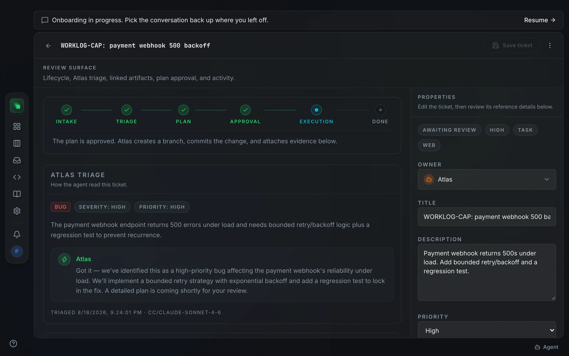 A work item detail page with the stage strip across the top showing Intake, Triage, Plan, Approval, Execute, Review, Done